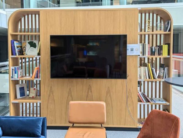 Bibliothèque double face en bois avec 10 niches et 2 emplacements pour TV. 240 x 320 x 53 cm. Localisation : 2 est