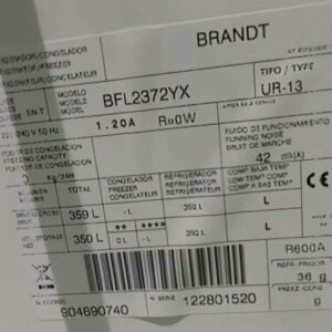 Réfrigérateur de marque BRANDT modèle bfl2372yx. Capacité 350 litres. 185 x 59 x 62 cm. Localisation : Theta 2eme (2t39) – Image 3