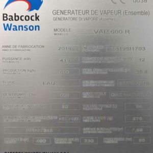 2 générateurs de vapeur de marque BABCOCK WANSON modèle VAP600R. Puissance 419 KW. Production 600 KG/heure. Débit pompe 660 L/heure. Combustible gaz naturel. Année 2018. On y joint une cuve à eau 1000 litres sur châssis. Localisation : Canada chaufferie – Image 3