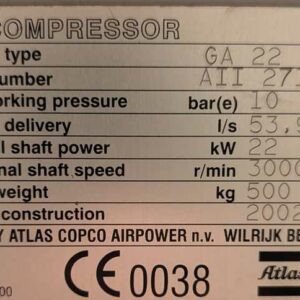 Compresseur d'air de marque ATLAS COPCO modèle GA22FF. 10 bar. Année 2002. Localisation : Canada rdc bas – Image 2