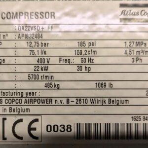 Compresseur d'air de marque ATLAS COPCO modèle GA22VSD+FF. 12,75 bar. Année 2017. Localisation : Canada rdc bas – Image 3