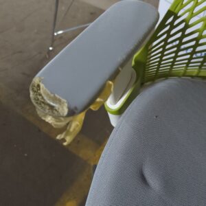 Fauteuil pivotant ajustable de marque Herman Miller modèle Sayl, assise en tissu gris, dossier en plastique vert, piètement en étoile à 5 branches sur roulettes. 100 x 62 x 65 cm (accidents aux accoudoirs). 32 unités vendues avec faculté de réunion. Localisation : 8 rue de la Fossé aux Leux 91700 Ste Geneviève des Bois – Image 3