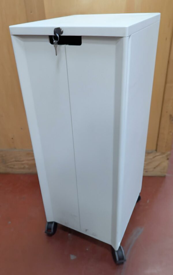 Caisson haut aménagé ou bureau mobile en métal blanc ouvrant par 2 portes battantes sur une niche et 2 tiroirs. 110 x 43 x 49 cm. 2 unités. Vendu à l'unité avec faculté de réunion. Localisation : 8 rue de la Fossé aux Leux 91700 Ste Geneviève des Bois