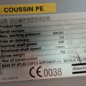 Compresseur de marque Atlas Copco modèle GA30. Localisation : 8 rue de la Fossé aux Leux 91700 Ste Geneviève des Bois (actuellement Marcoussis) – Image 2