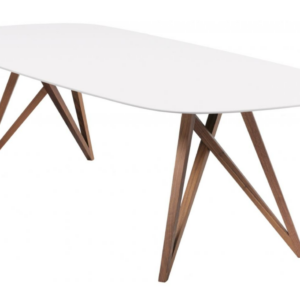 Table ovale design Wolfgang Mezger modèle Seito édition Walter Knoll, piétement asymétrique en bois naturel, plateau en pierre de quartz blanc. (démontée). 277 x 109 cm. Localisation : 5 avenue Kleber - 75116 Paris
