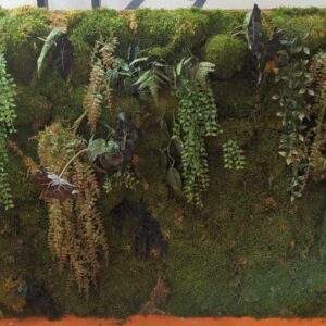Panneau en mousse végétalisée et plantes artificielles, cadre en acier laqué noir. 119 x 135 cm. Dimension cadre : 149 x 161 cm. Localisation : 5 avenue Kleber - 75116 Paris