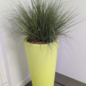 Plante artificielle dans un pot rond en plastique vert anis. Dimensions pot : 85 x 40 cm. Hauteur avec plante : 140 cm. 9 unités. Vendu à l'unité avec faculté de réunion. (1er bat A : 4 / RDC bat A : 3 / SS bat A : 5)