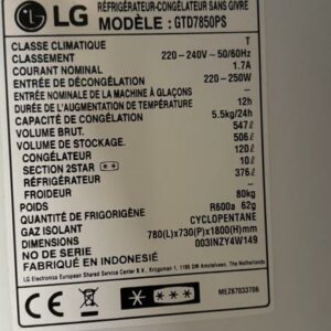 Réfrigérateur de marque LG, modèle GTD7850PS, capacité 547l. 180 x 79 x 67 cm. Localisation : 10 rue du Ballon - 93160 Noisy-Le-Grand – Image 3