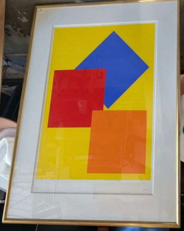 Per Arnoldi (né en 1941). Lithographie en couleur numérotée 61/190, signée en bas à droite. Dimensions à vue: 61 x 77 cm. Dimensions avec cadre en bois doré: 90 x 105 cm. Localisation: 10 rue du Ballon - 93160 Noisy-Le-Grand.