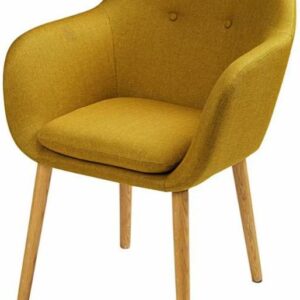 Fauteuil de marque Maisons du monde, comme neuf dans son carton d'origine, modèle Arnold, recouvert de tissu jaune olive et piétement en bois naturel. Dim : 82 x 58 x 62 cm. 2 unités. Vendu à l'unité avec faculté de réunion. Localisation : 30 rue Beauregard 60440 Nanteuil-le-Haudouin