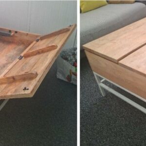 Table basse en bois naturel, plateau dépliable formant tablette avec espace de rangement intérieur, piétement en acier laqué blanc. 46 x 110 x 70 cm. Localisation: 30 rue Beauregard - 60440 Nanteuil-Le-Haudouin