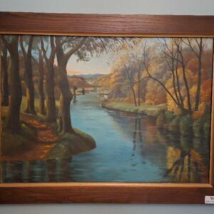 Huile sur toile représentant un bord de rivière. 62 x 83 cm. Localisation: BLB, 3 rue de la Fossé aux Leux - 91700 Sainte Geneviève des Bois