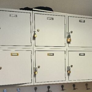 1 vestiaire métallique murale de couleur gris, 12 cases. Dim : 76 x 230 x 38 cm. Dimension d'une case (38 x 38 cm). Localisation : Alpine - 14 avenue des Tropiques - 91940 Les Ulis