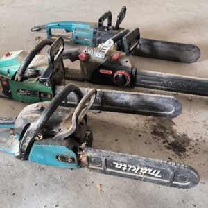 Lot de 4 tronçonneuses de différentes marques et différents modèles (Makita 3200S - Kraft Muller - Oregon CS 1500 - Makita UC3501A). Localisation : 12 rue Maitre Renault - 95190 Fontenay en Parisis