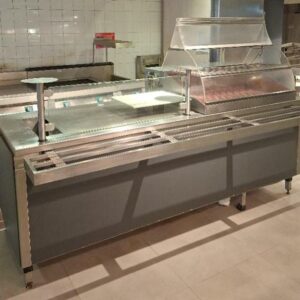 Meuble maintien au chaud en inox alimentaire avec vitrine réfrigérée de marque Roller Grill modèle VHF 1000. 165 x 245 x 125 cm. (usures)